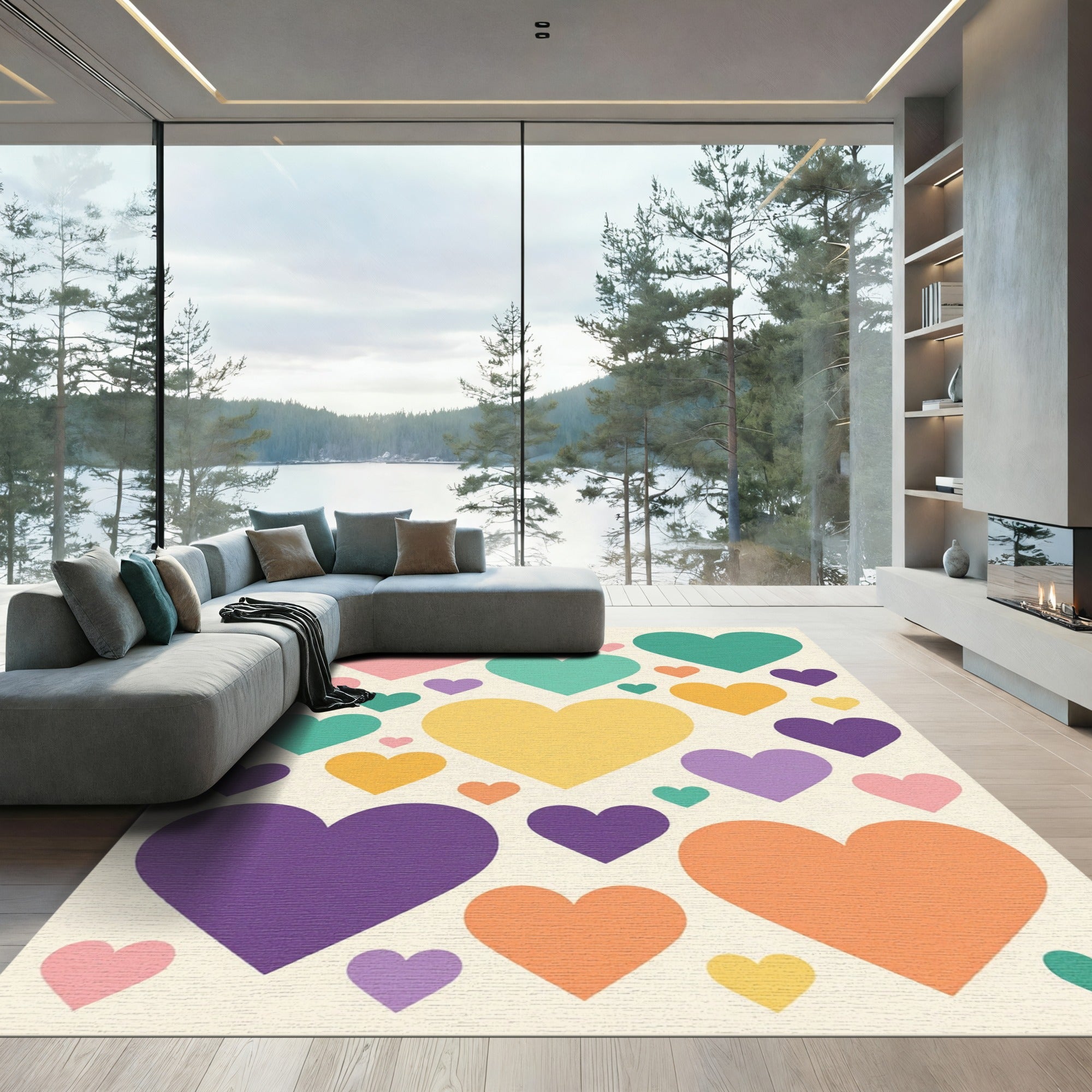 Colorful Retro Floating Hearts Rug