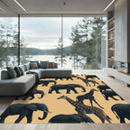 Black Savannah Elephant and Giraffe Illustration Rug
