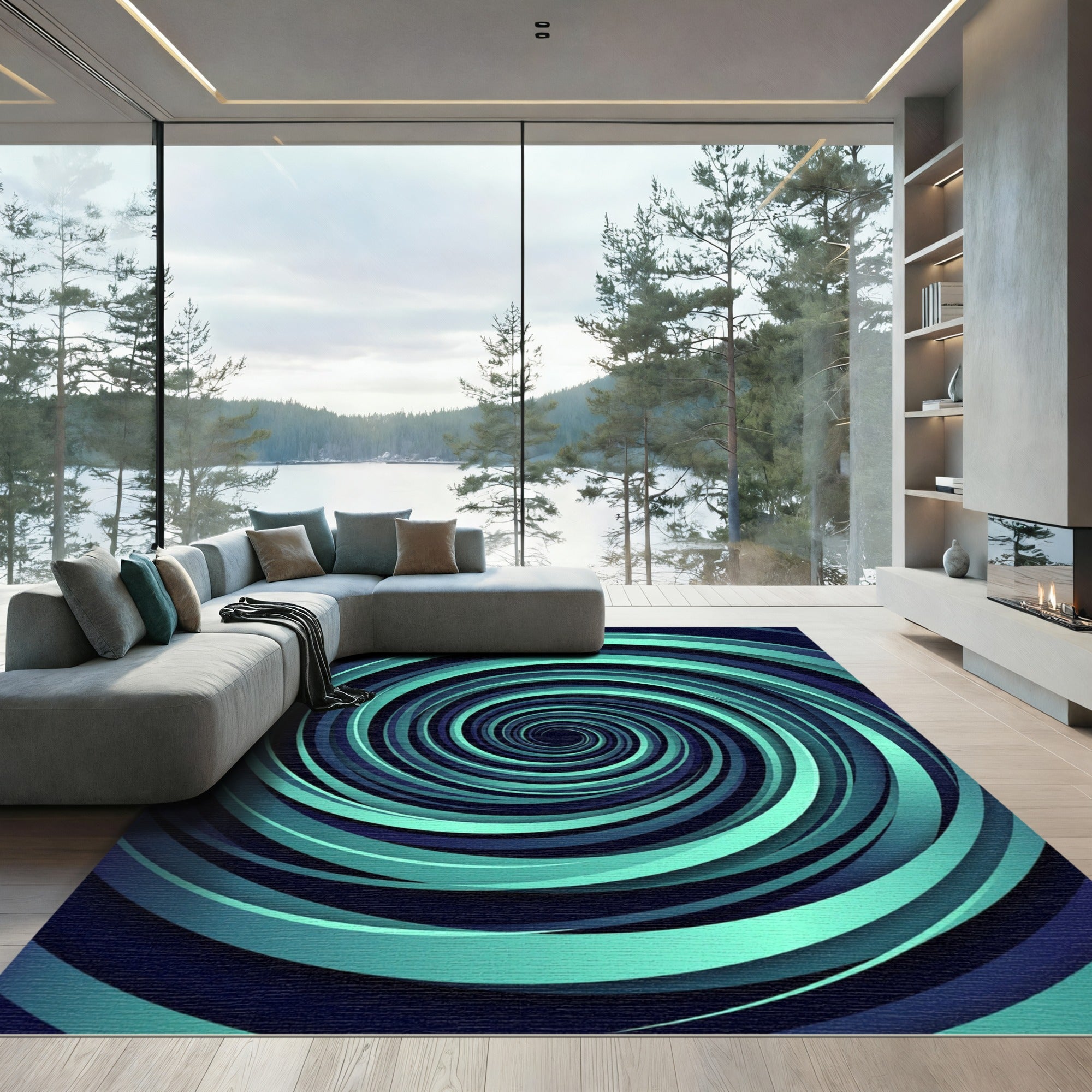 Modern Teal Interstellar Swirl Vortex Rug