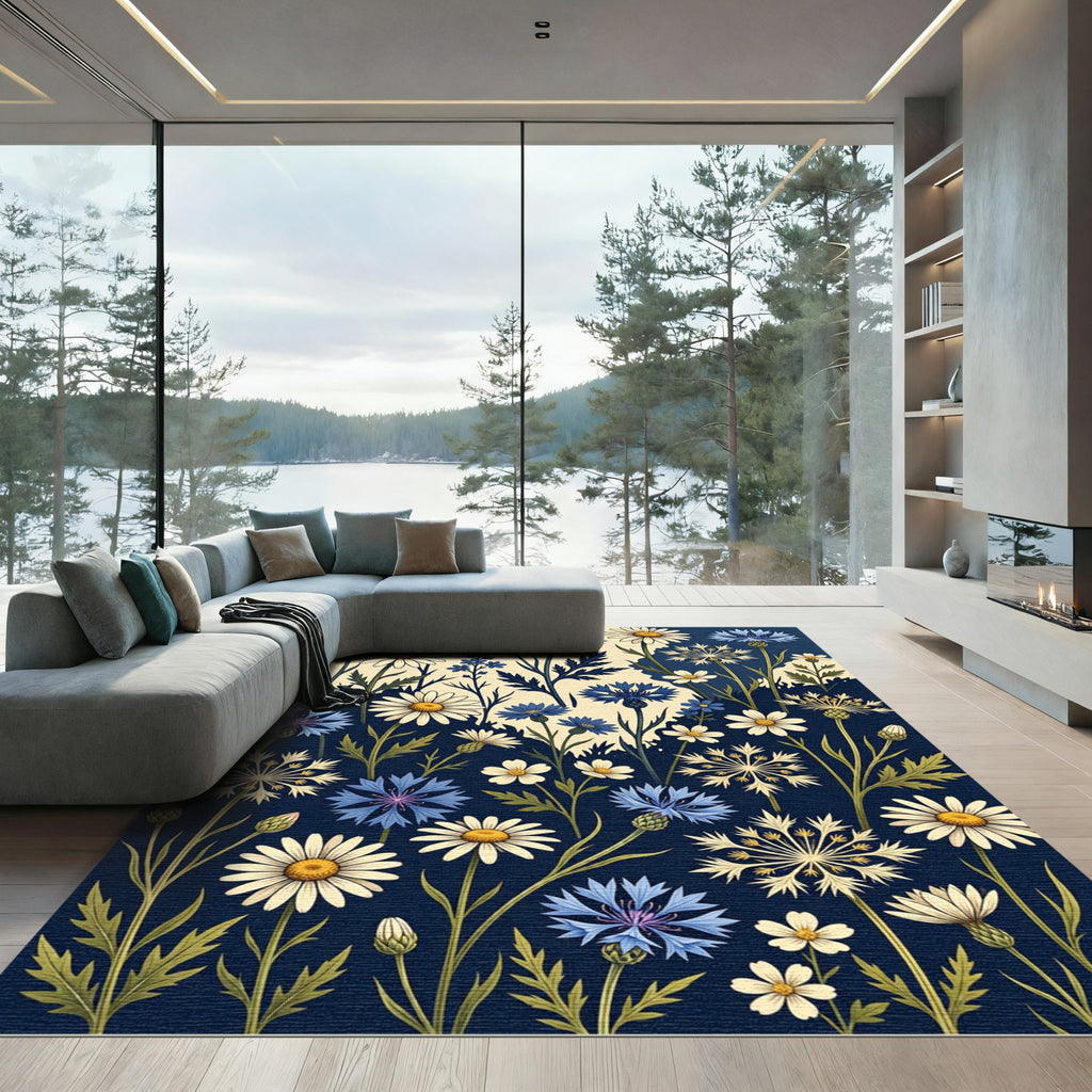 Navy Meadow Cornflower and Daisy Illustration Rug