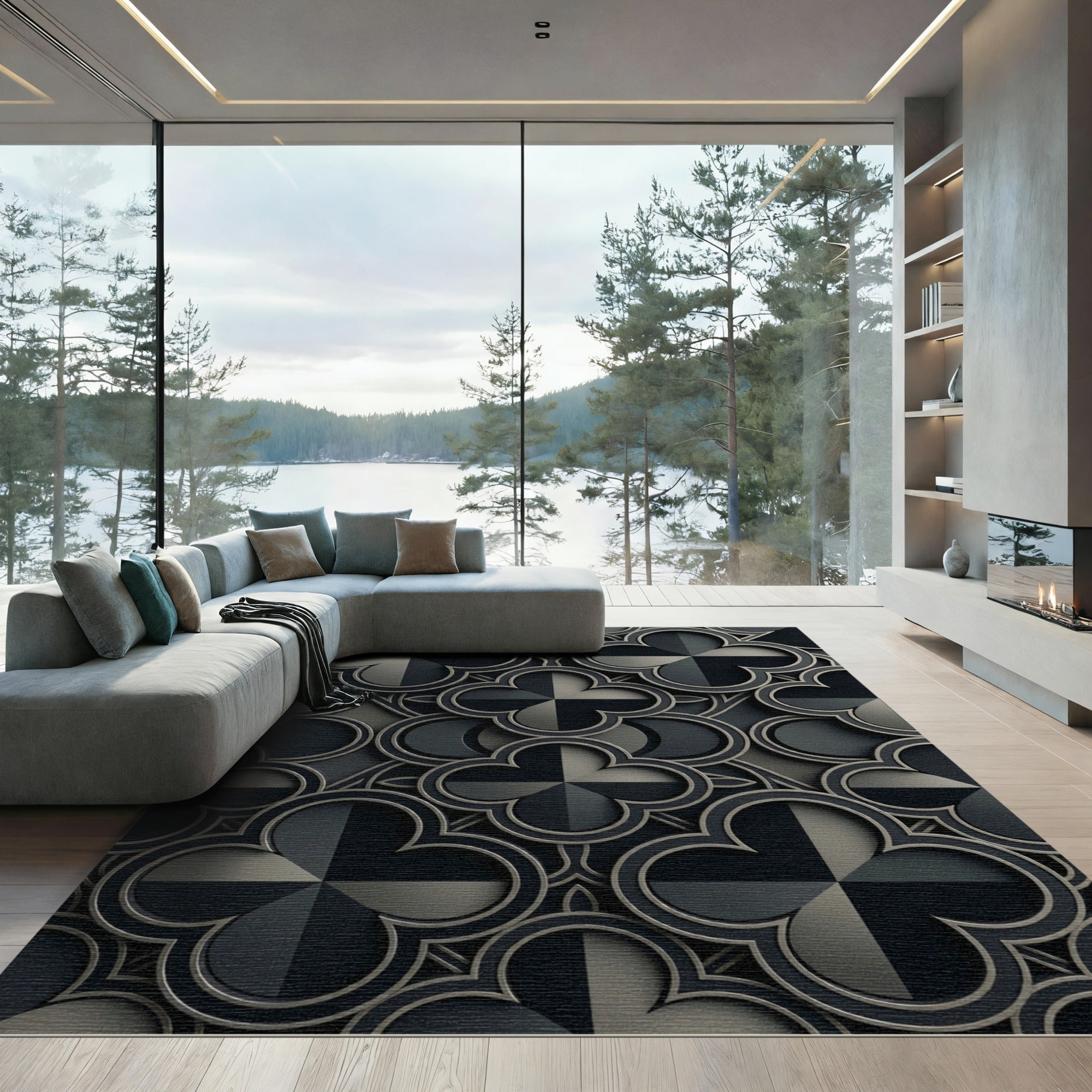 Elegant Matte Black Quatrefoil Geometric Rug