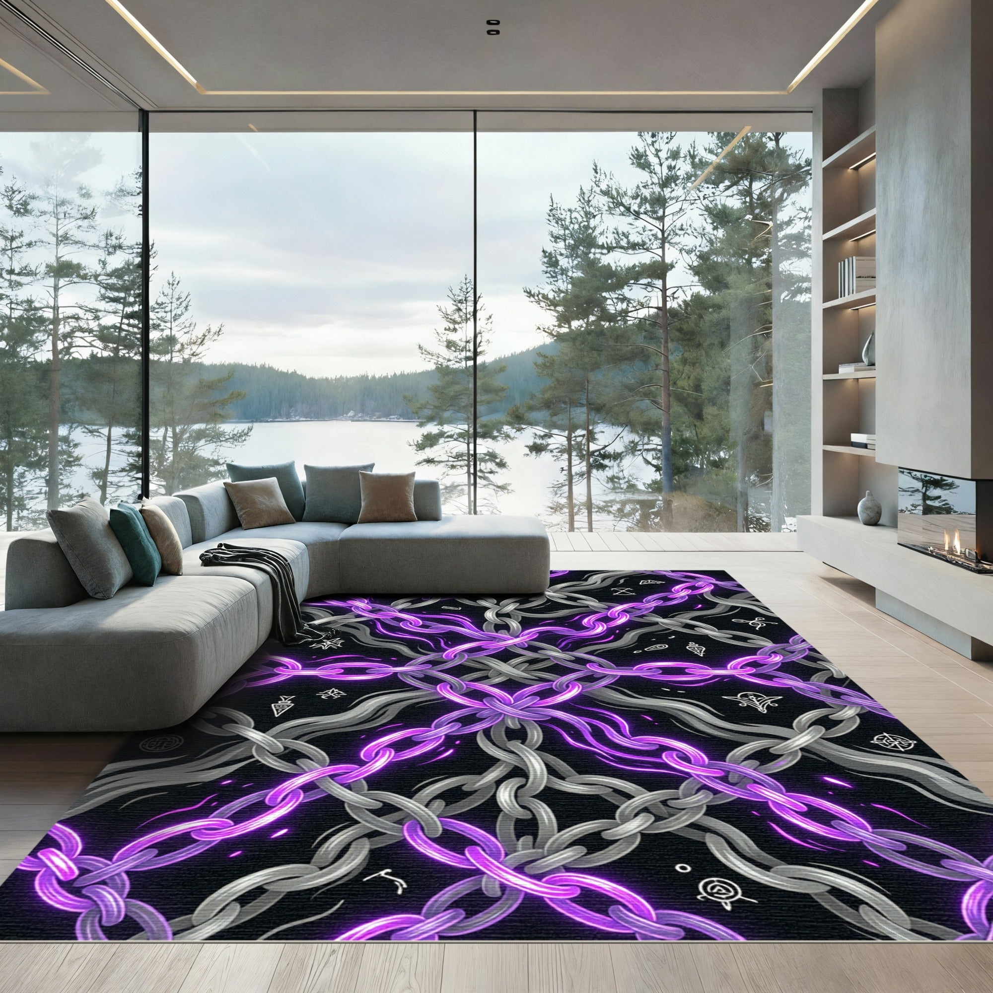 Neon Purple Glowing Chain Interlinked Web Rug