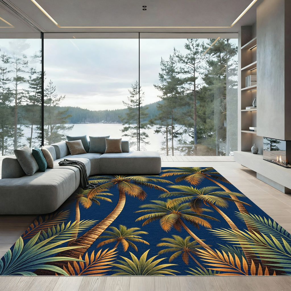 Tropical Palm Grove Navy Blue Rug
