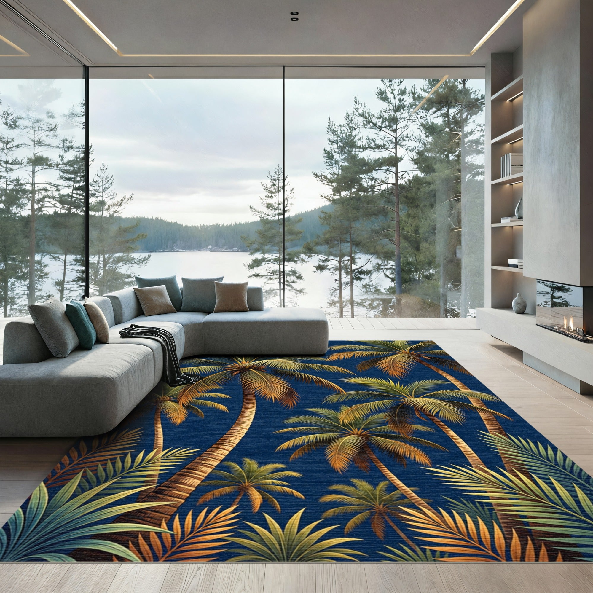 Tropical Palm Grove Navy Blue Rug