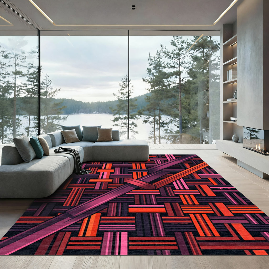 Vibrant Crimson Interlaced Geometric Linear Art Rug