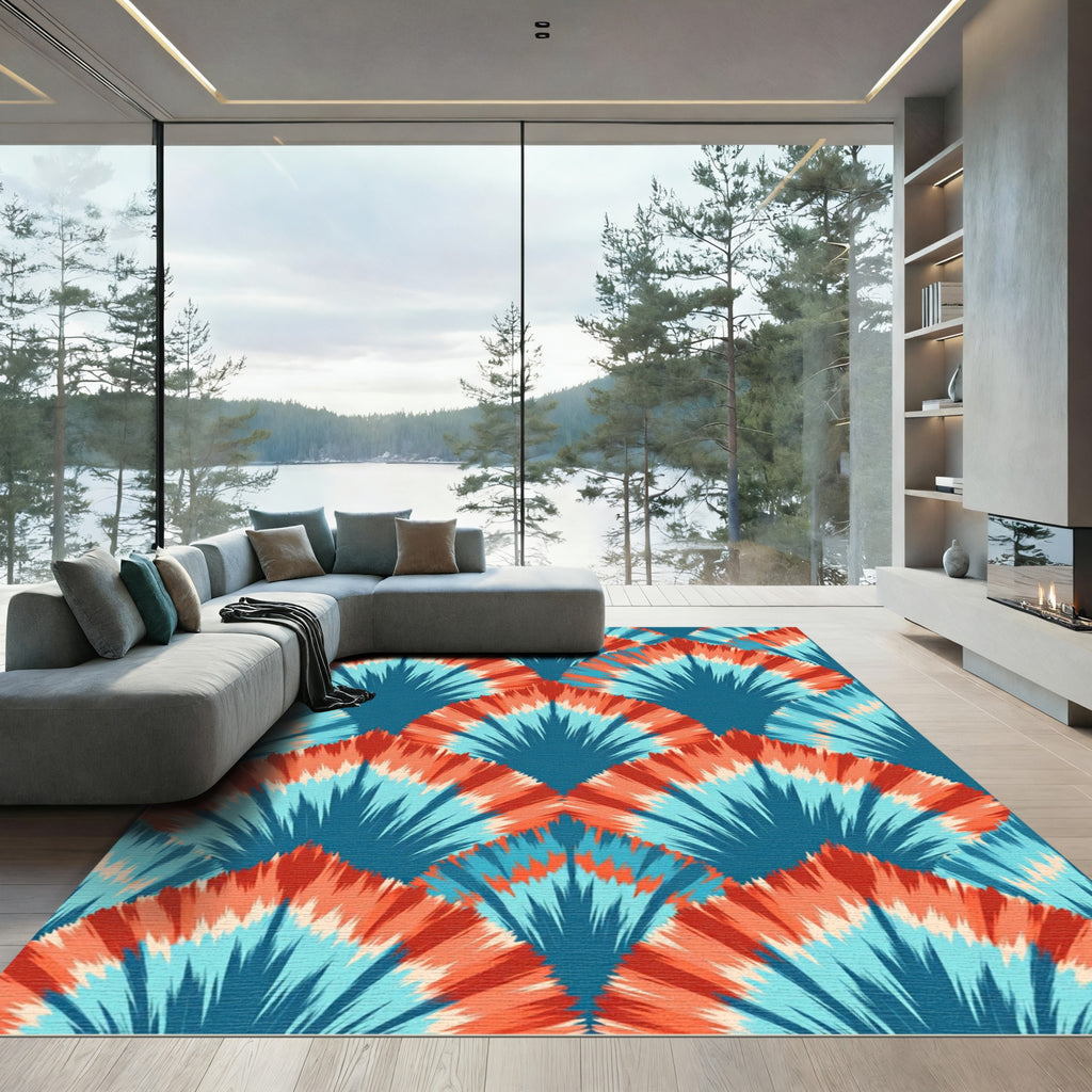 Teal Coral Tie Dye Fan Rug