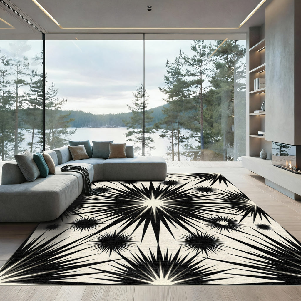 Black Burst Starburst Cream Background Rug