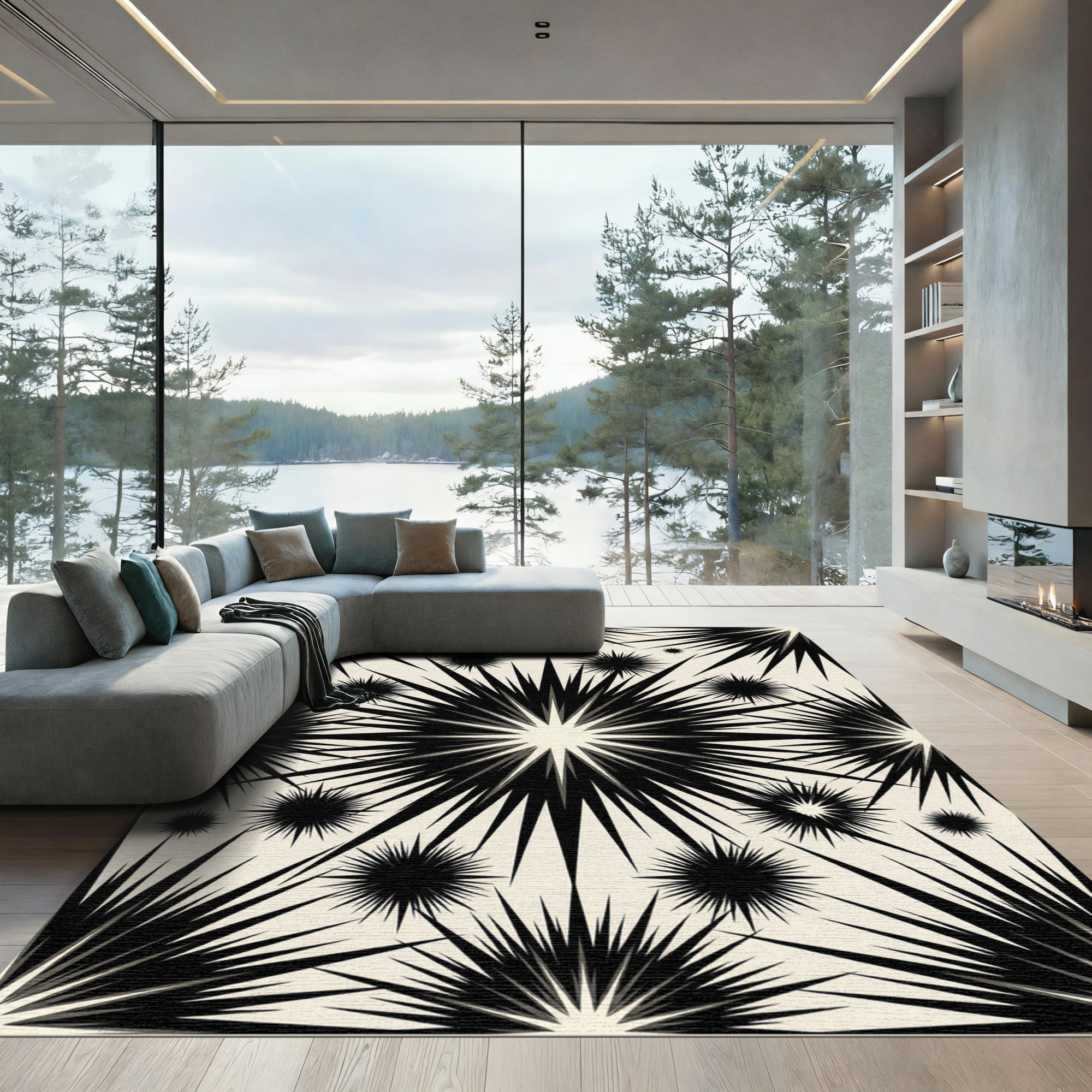 Black Burst Starburst Cream Background Rug