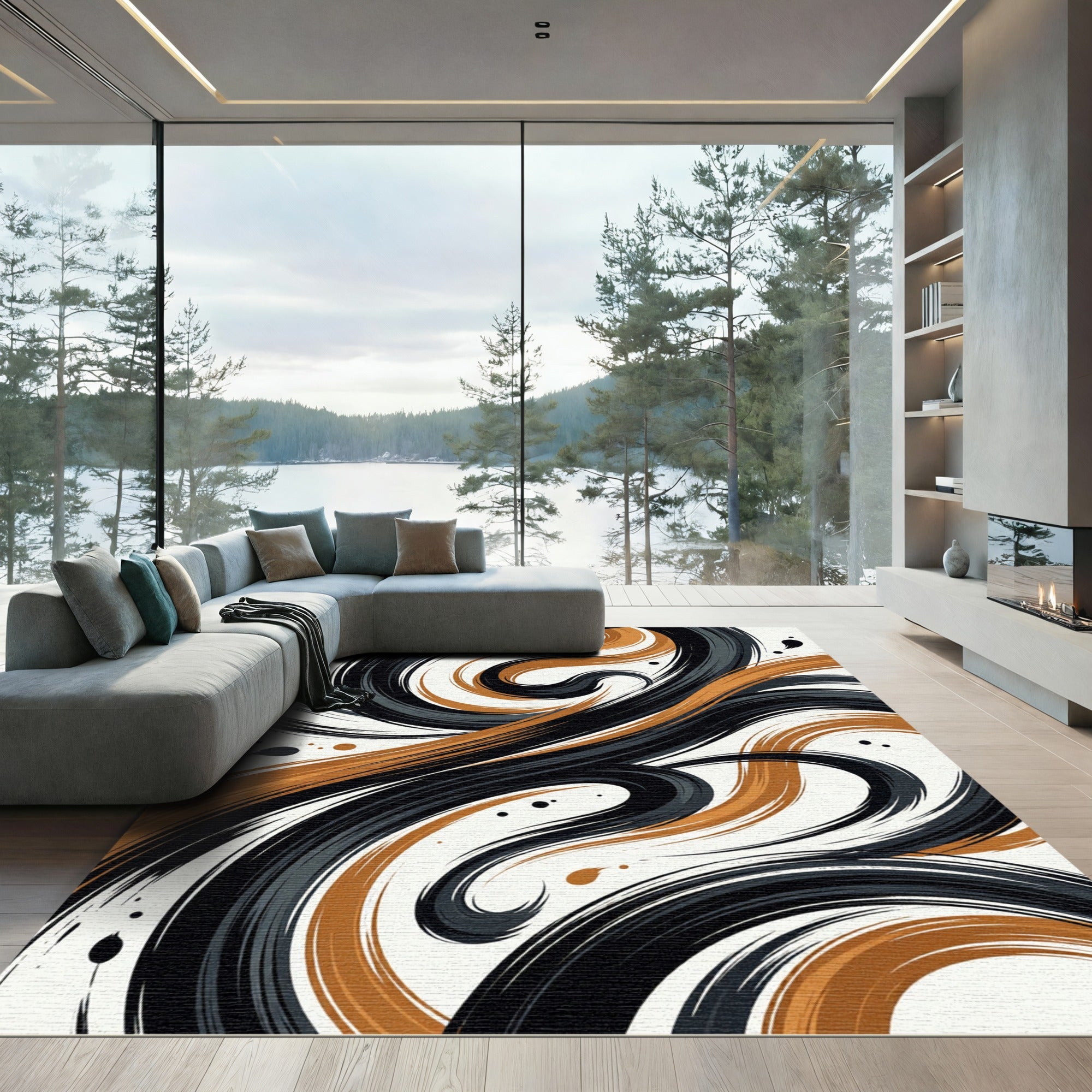 Modern Black and Copper Abstract Swirl Rug