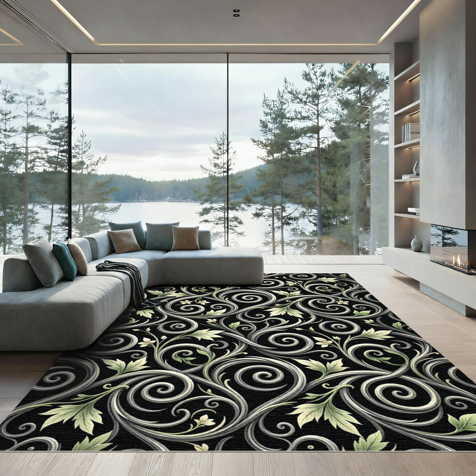 Black Green Swirl Floral Harmony Rug