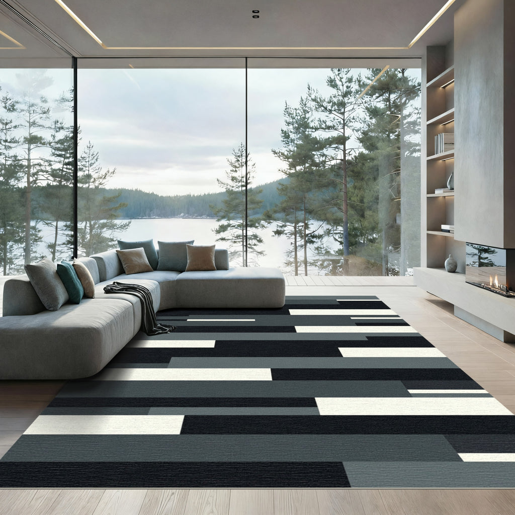 Modern Monochrome Abstract Layered Block Rug
