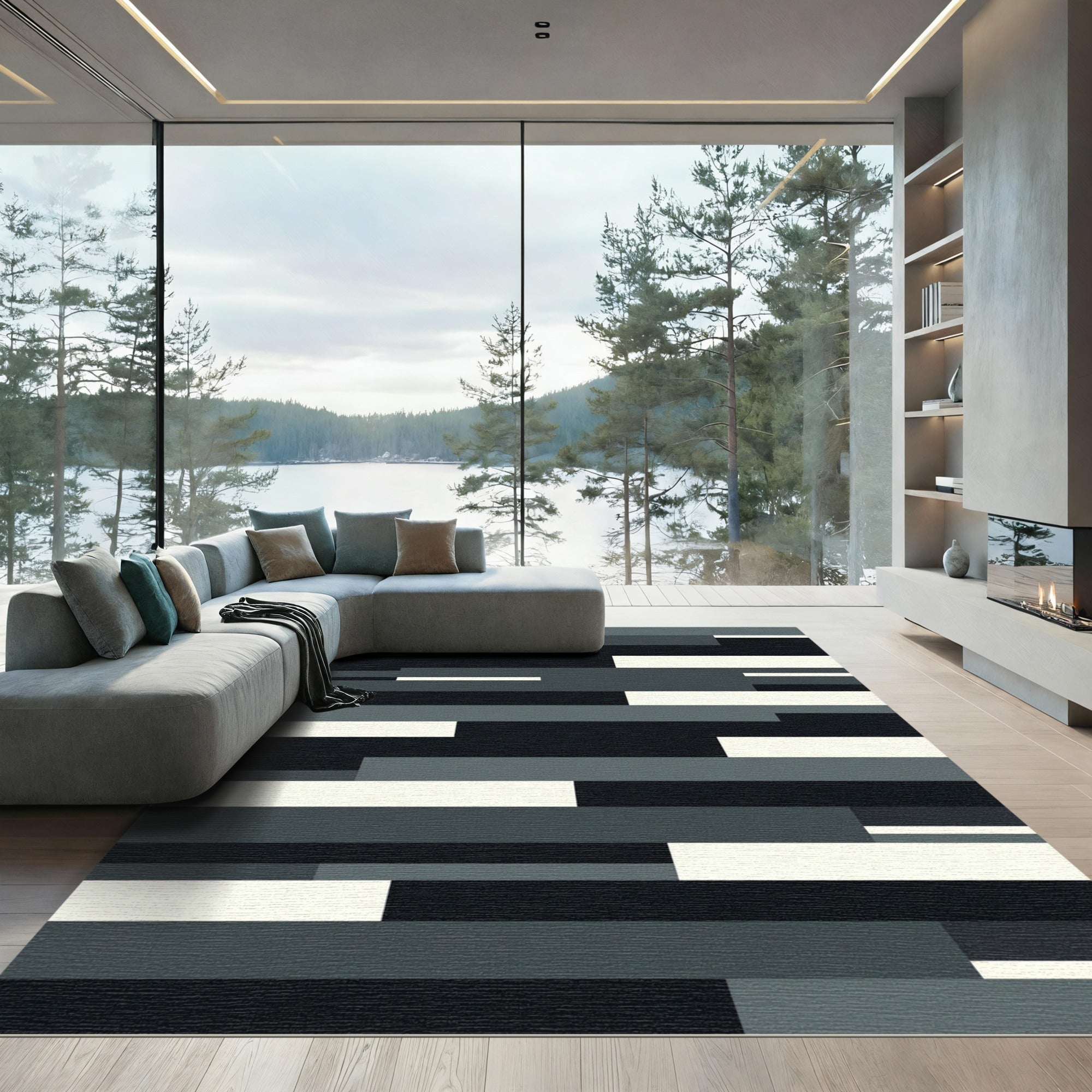 Modern Monochrome Abstract Layered Block Rug