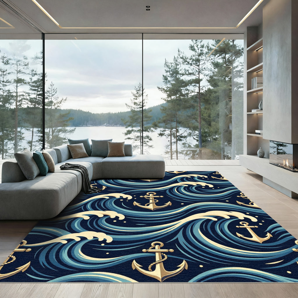 Nautical Navy Blue Anchor Ocean Wave Rug
