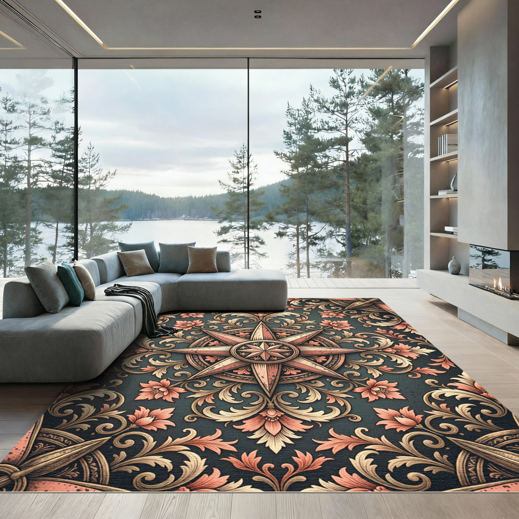 Ornate Compass Rose Floral Brocade Rug