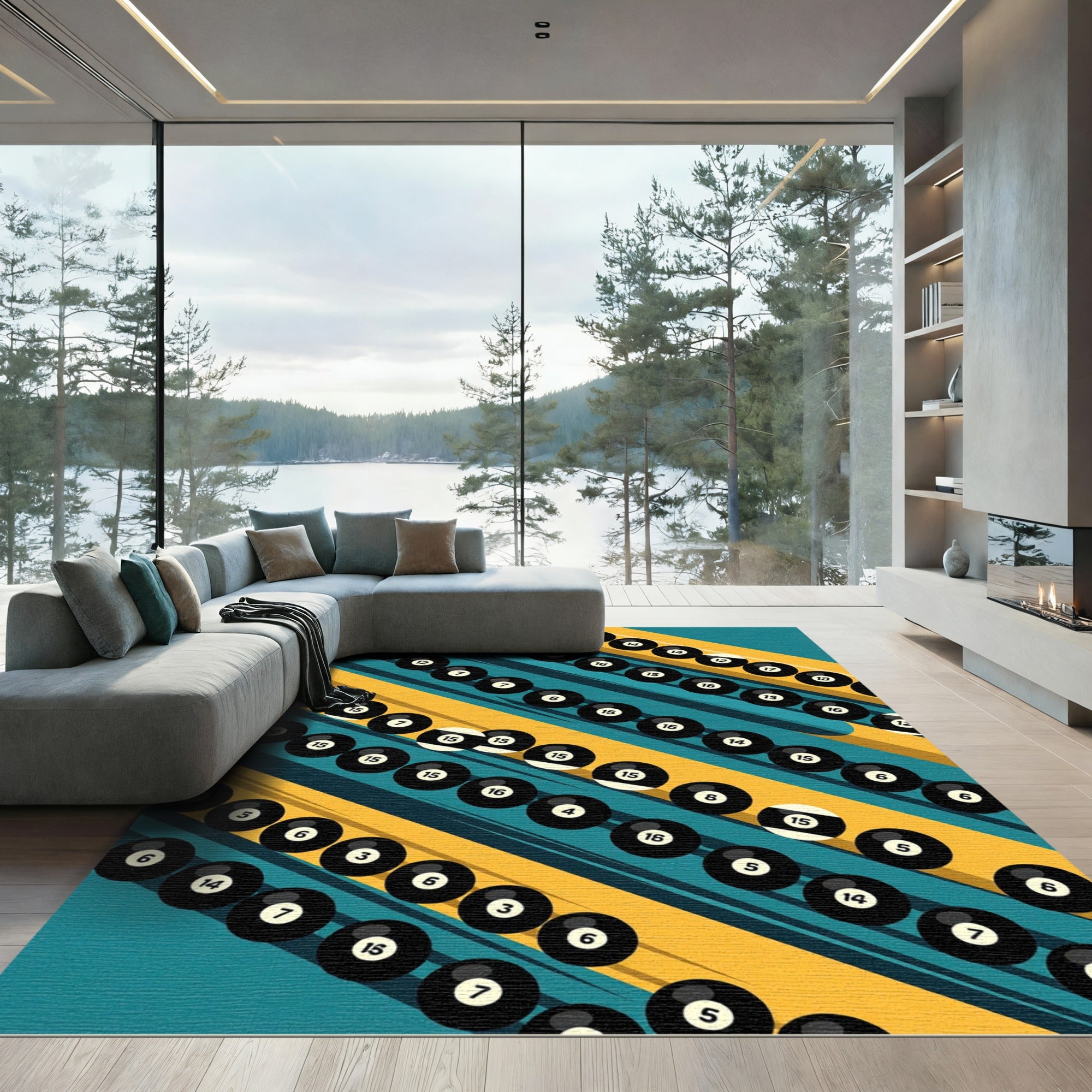 Diagonal Billiard Ball Teal Yellow Graphic Rug