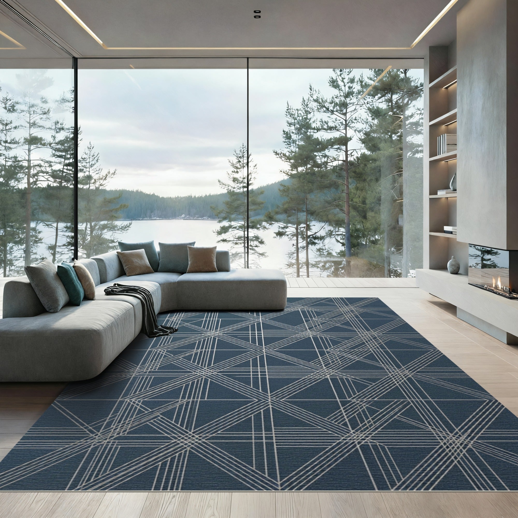 Deep Blue Intersecting Lines Rug
