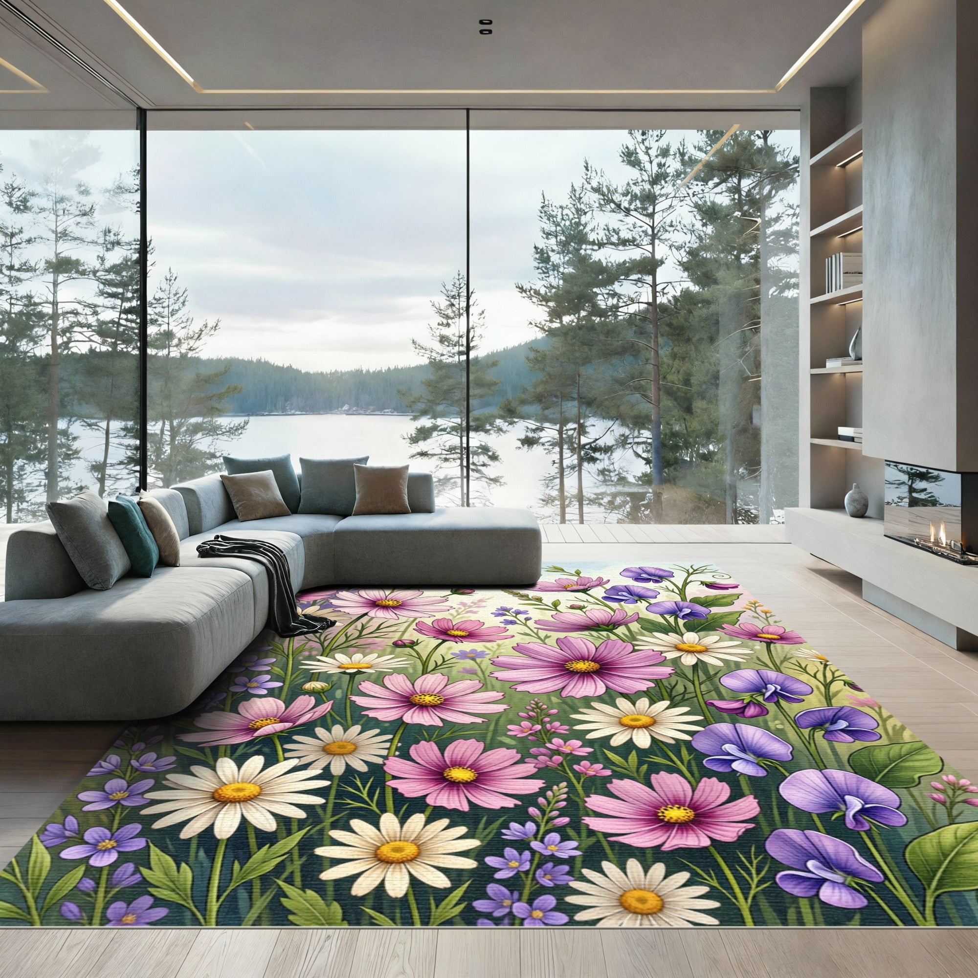Soft Pastel Wildflower Meadow Garden Rug