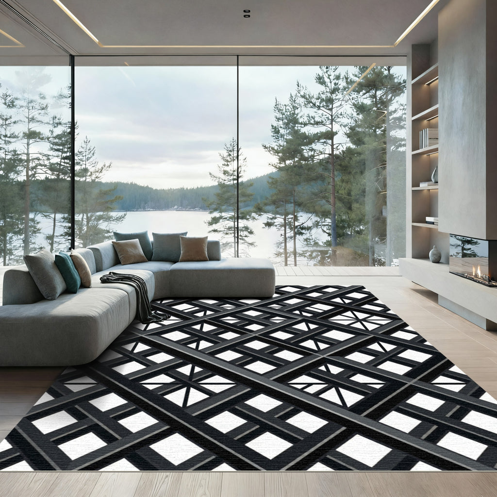 Modern Charcoal Intersecting Geometric Grid Rug