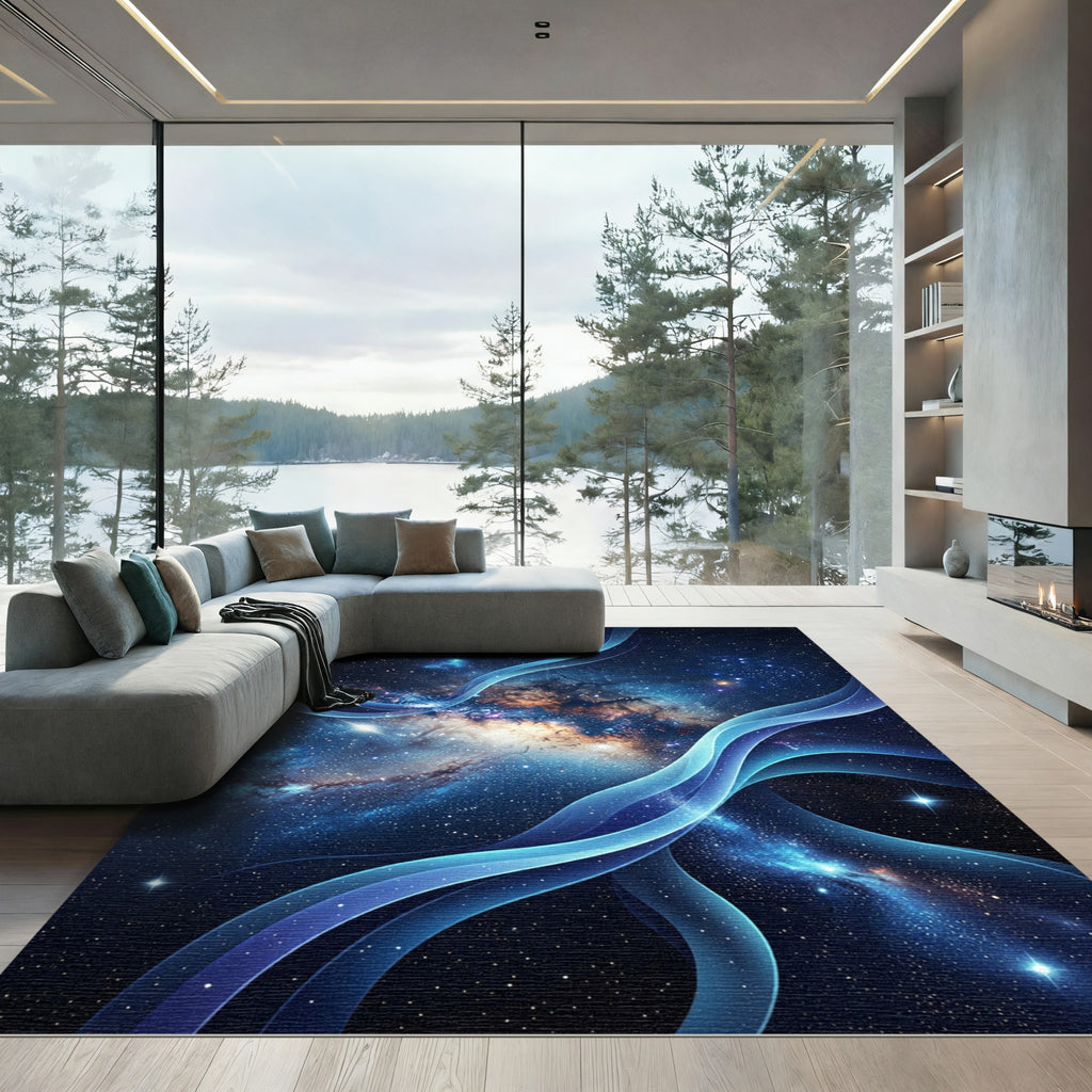 Cosmic Blue Galaxy Nebula Swirl Rug