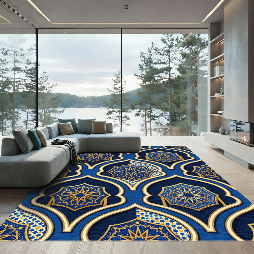 Royal Blue Geometric Gold Star Medallion Rug
