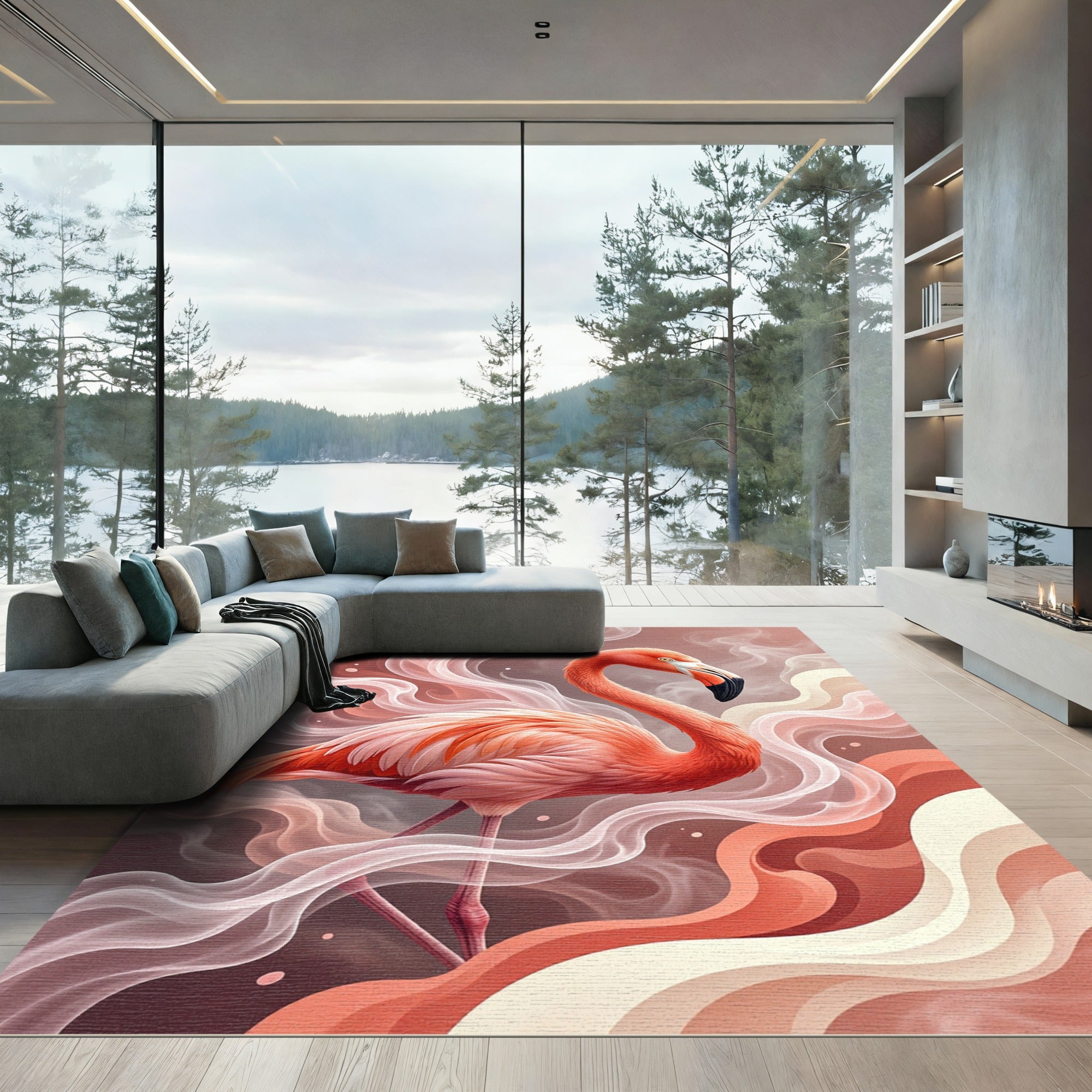 Coral Flamingo Swirl Abstract Rug