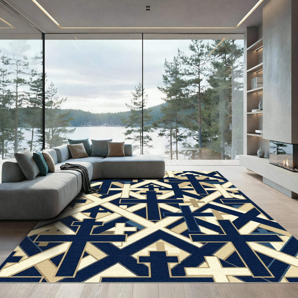 Geometric Navy and Cream Cross Tile Rug