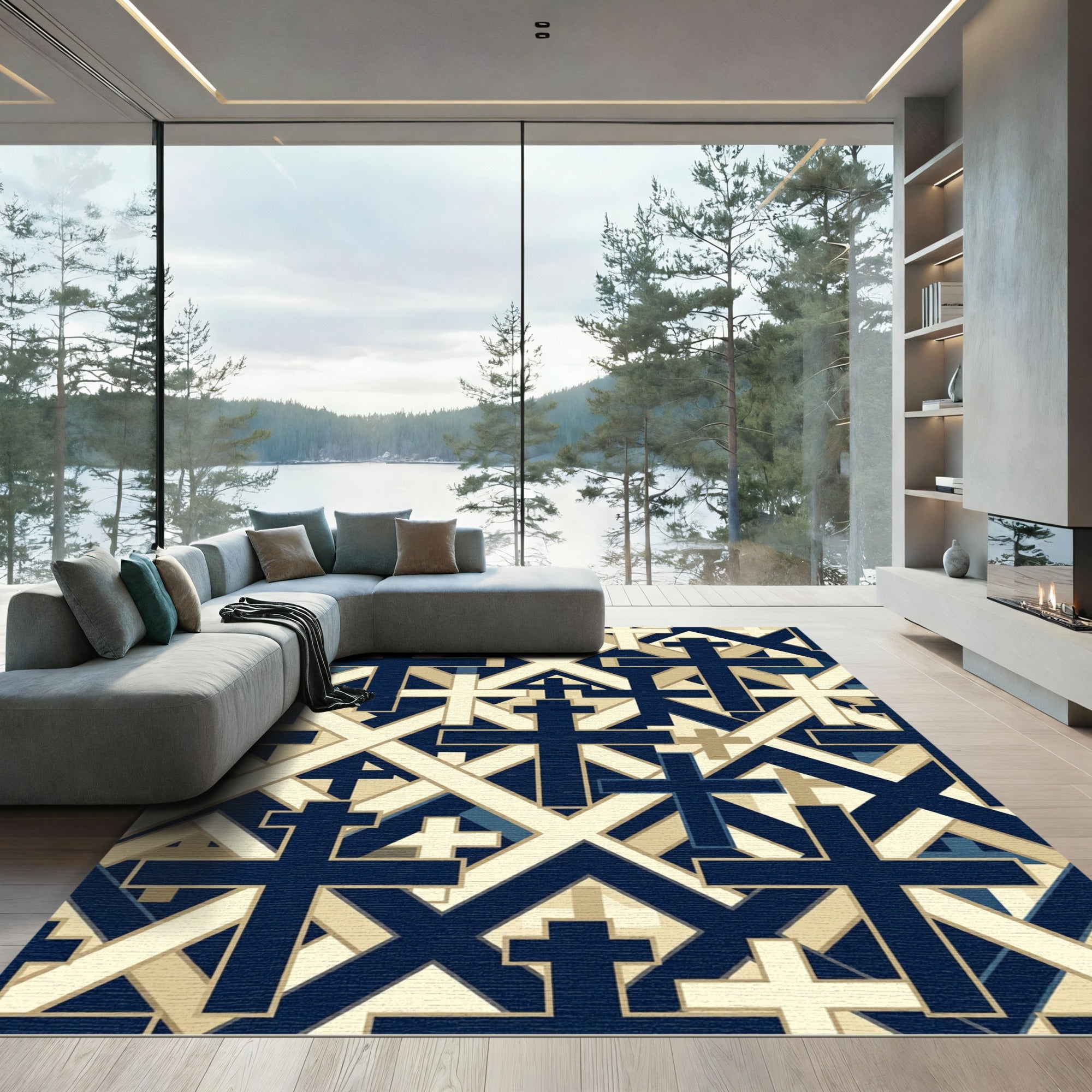 Geometric Navy and Cream Cross Tile Rug