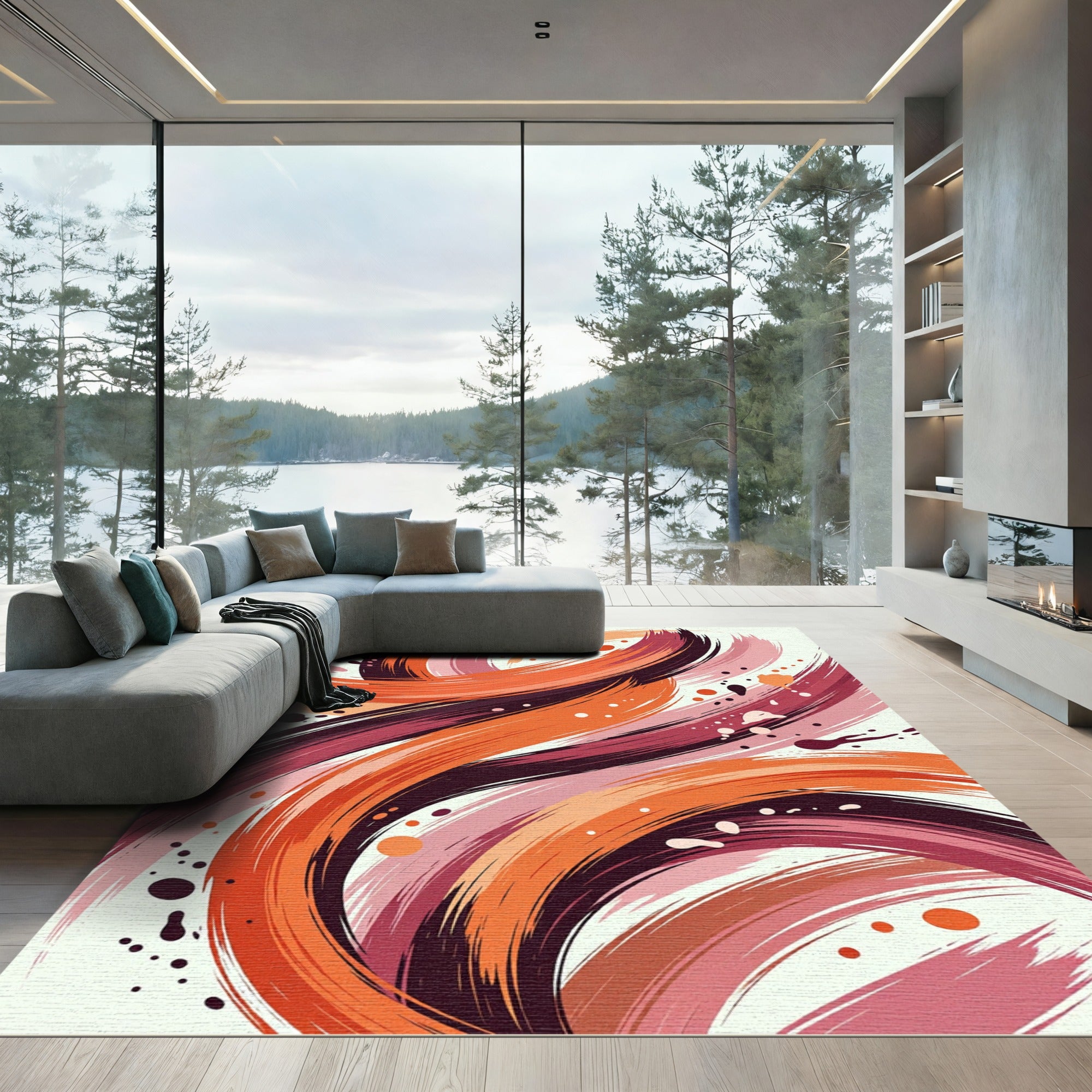 Crimson Orange Swirl Abstract Rug