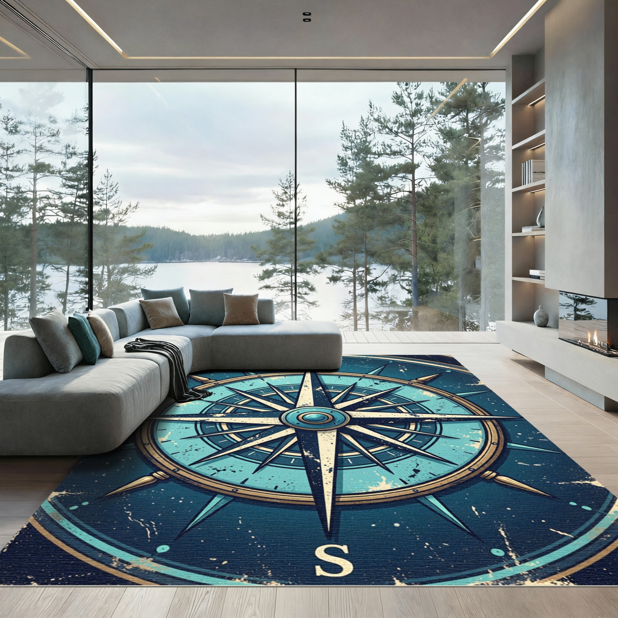Nautical Blue Compass Starburst Rug