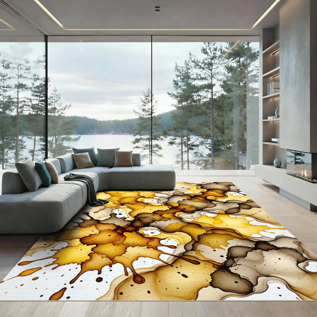 Earthy Gold and Brown Ink Splash Rug