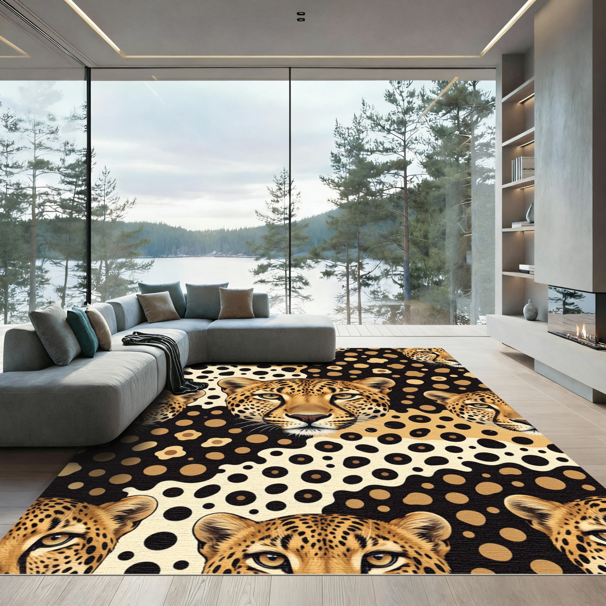Artistic Fierce Leopard Face Gold Black Rug
