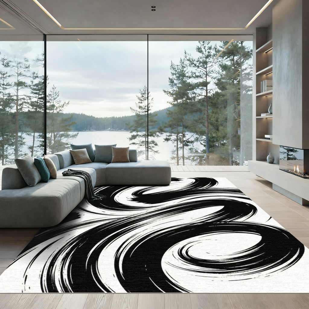 Bold Monochrome Abstract Swirl Rug