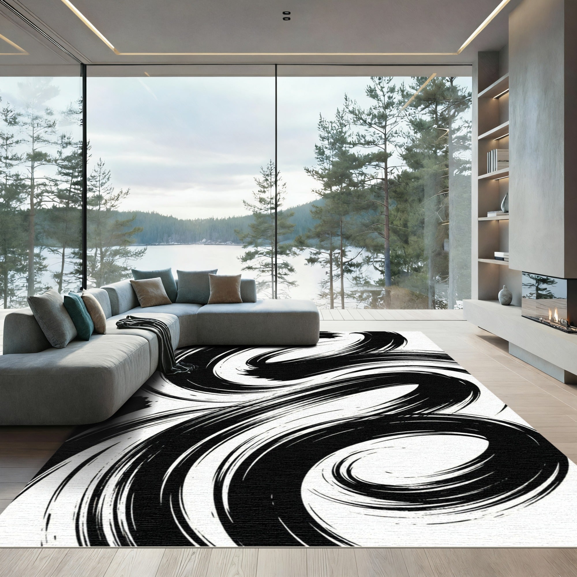 Bold Monochrome Abstract Swirl Rug