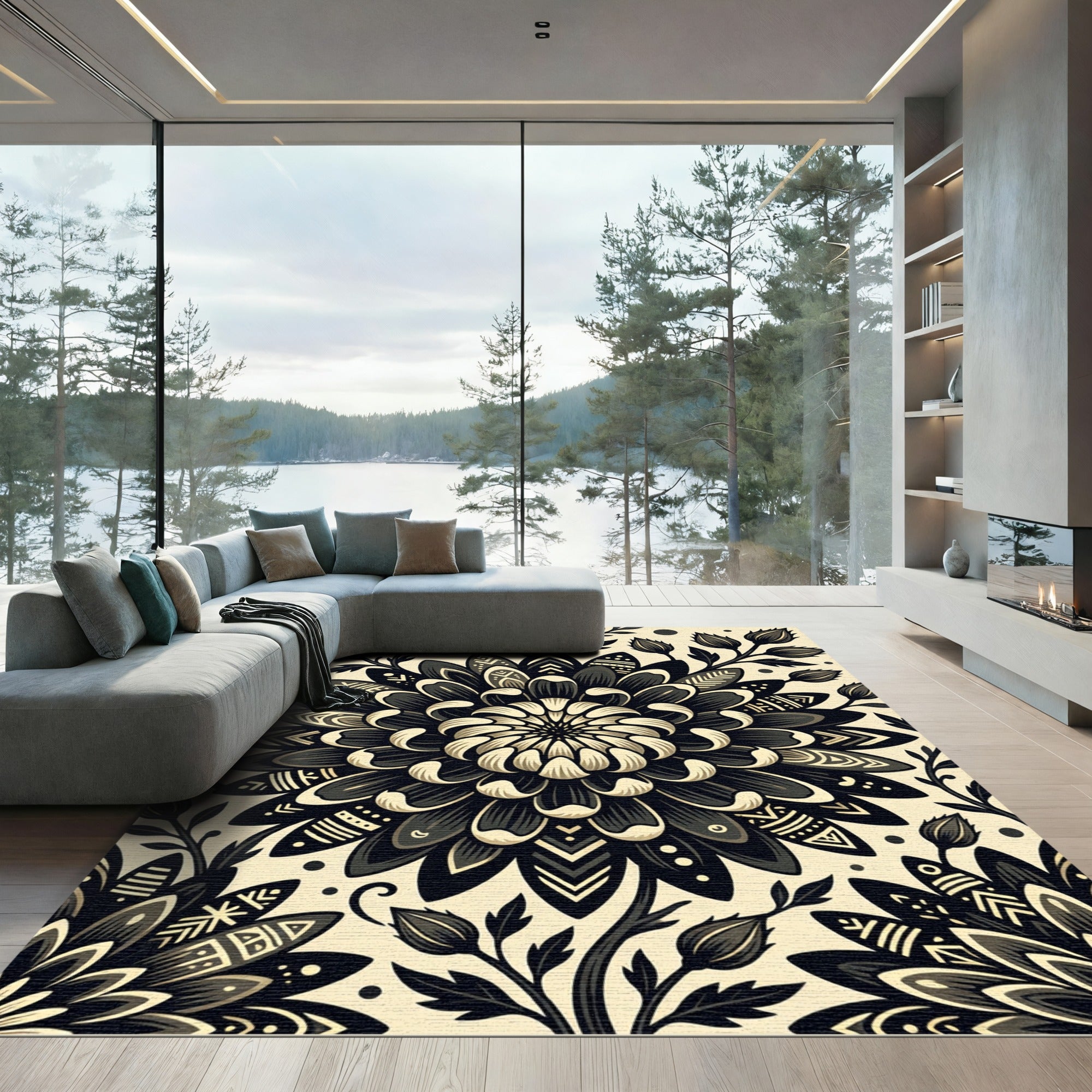Elegant Monochrome Floral Folk Bloom Rug
