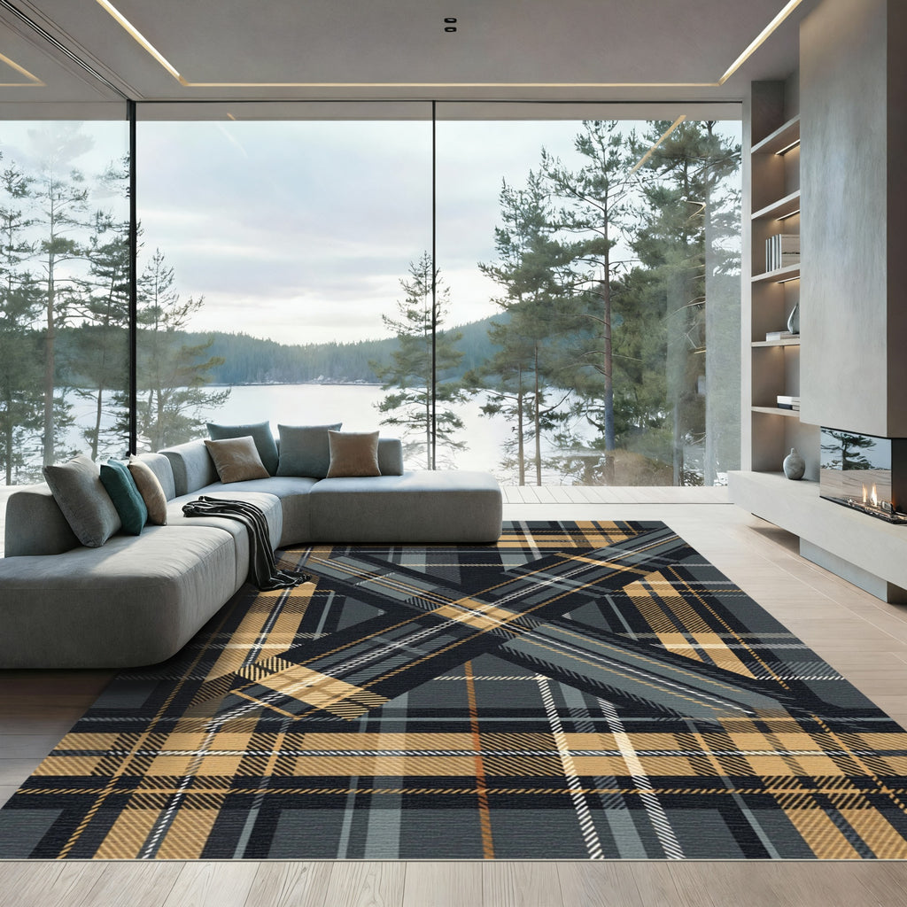 Black and Tan Layered Plaid Check Rug