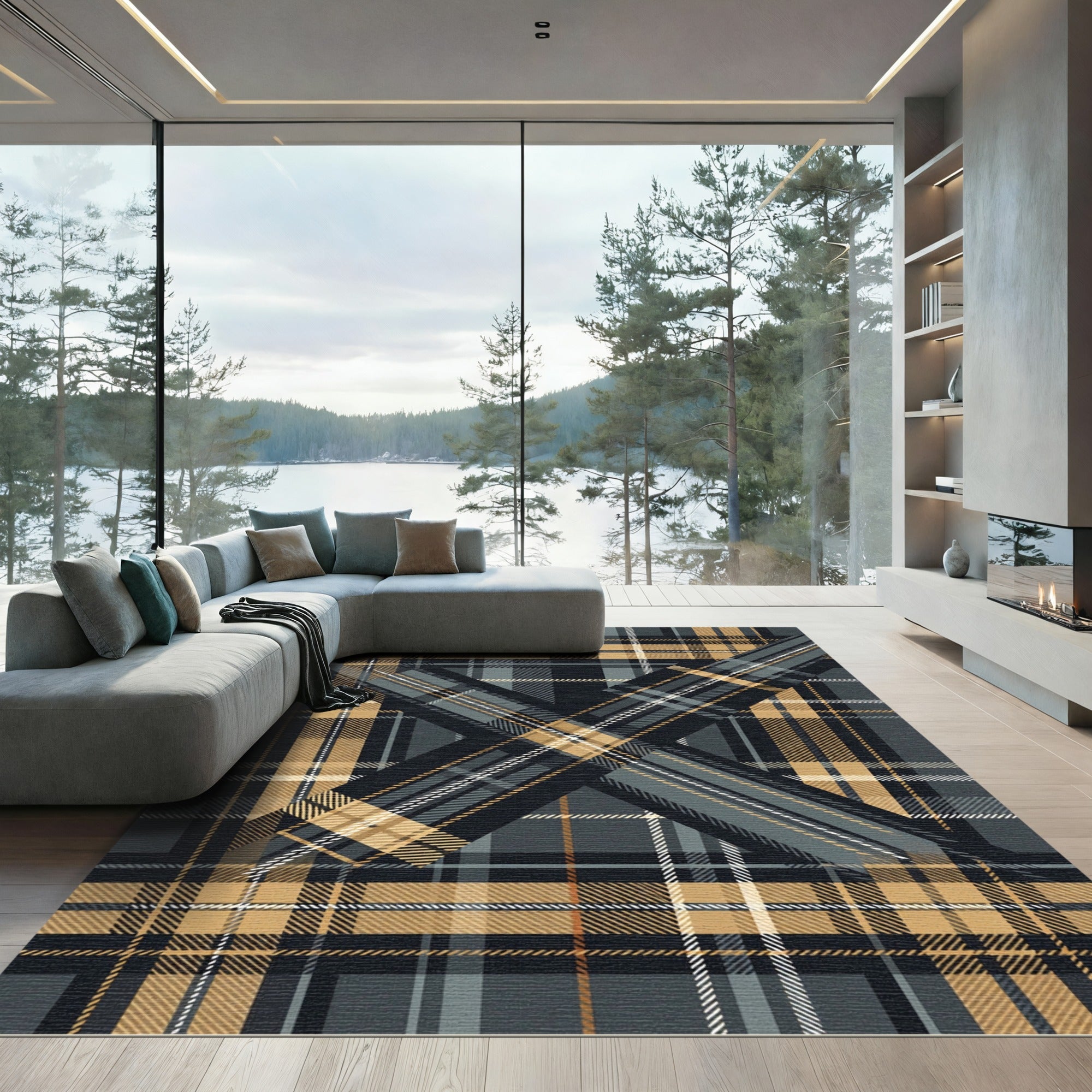 Black and Tan Layered Plaid Check Rug