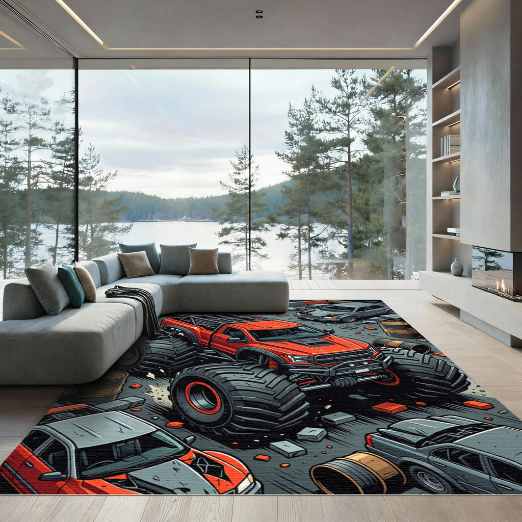 Vibrant Red Monster Truck Action Scene Rug