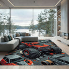 Vibrant Red Monster Truck Action Scene Rug