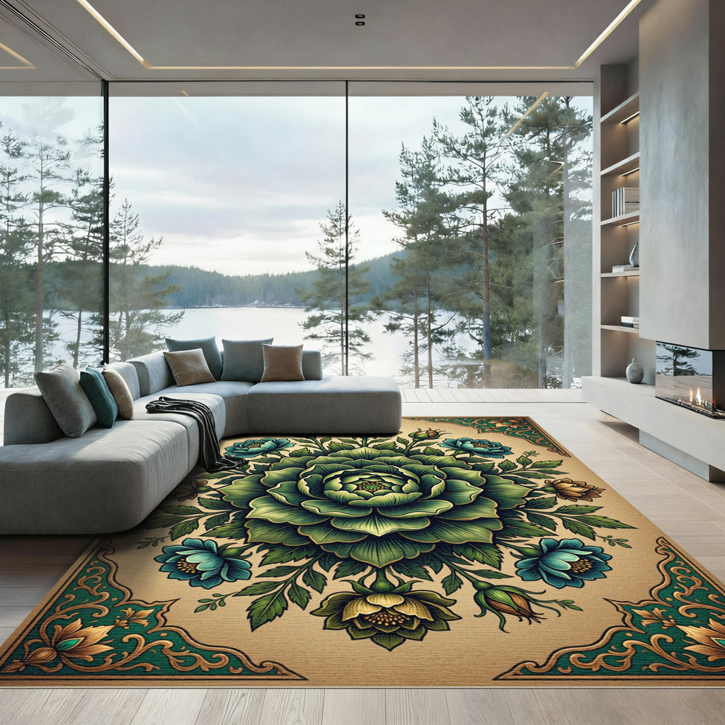 Emerald Green Floral Symmetry Medallion Rug