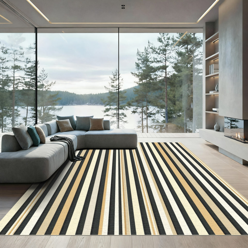 Ecru Taupe Ochre Black Stripe Rug