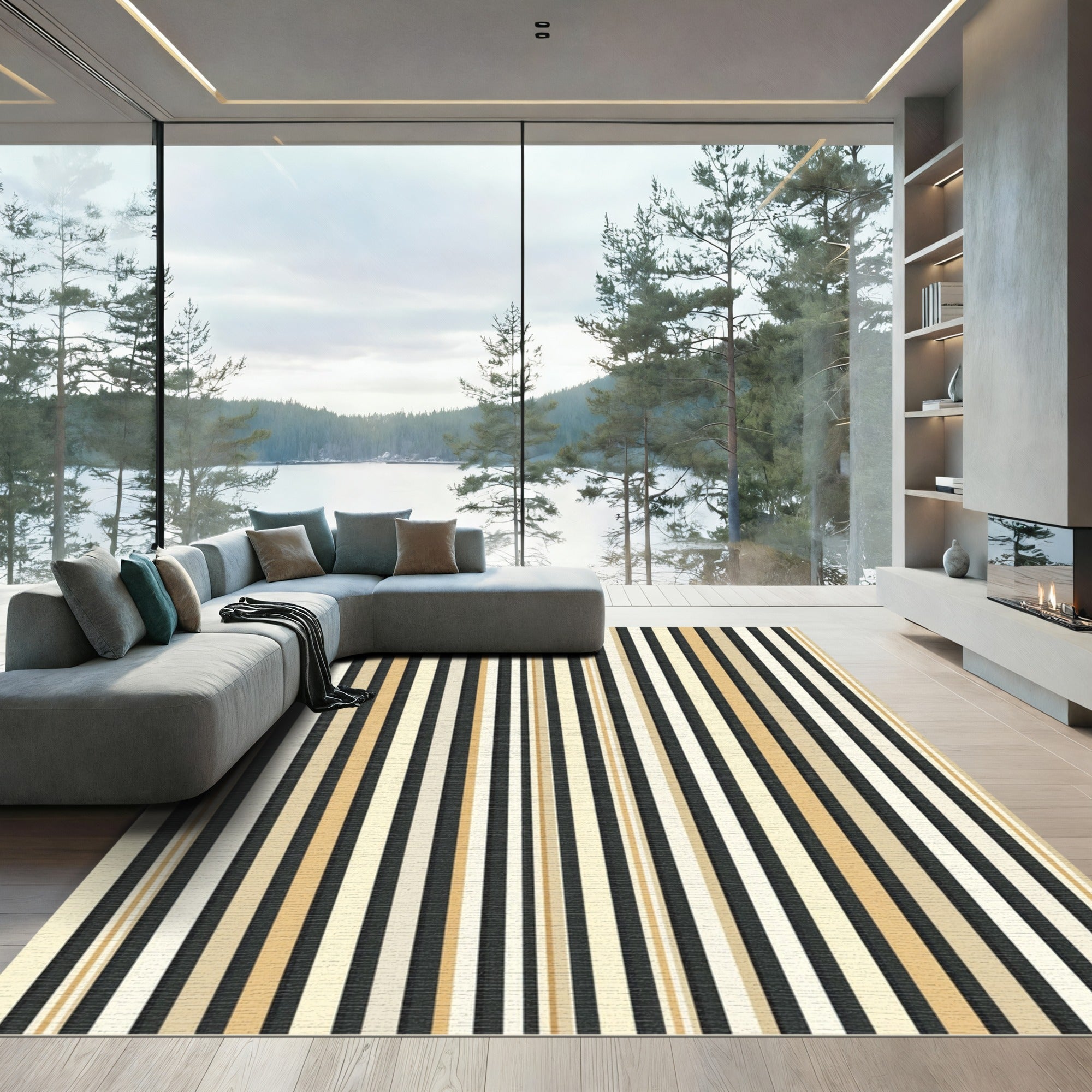 Ecru Taupe Ochre Black Stripe Rug