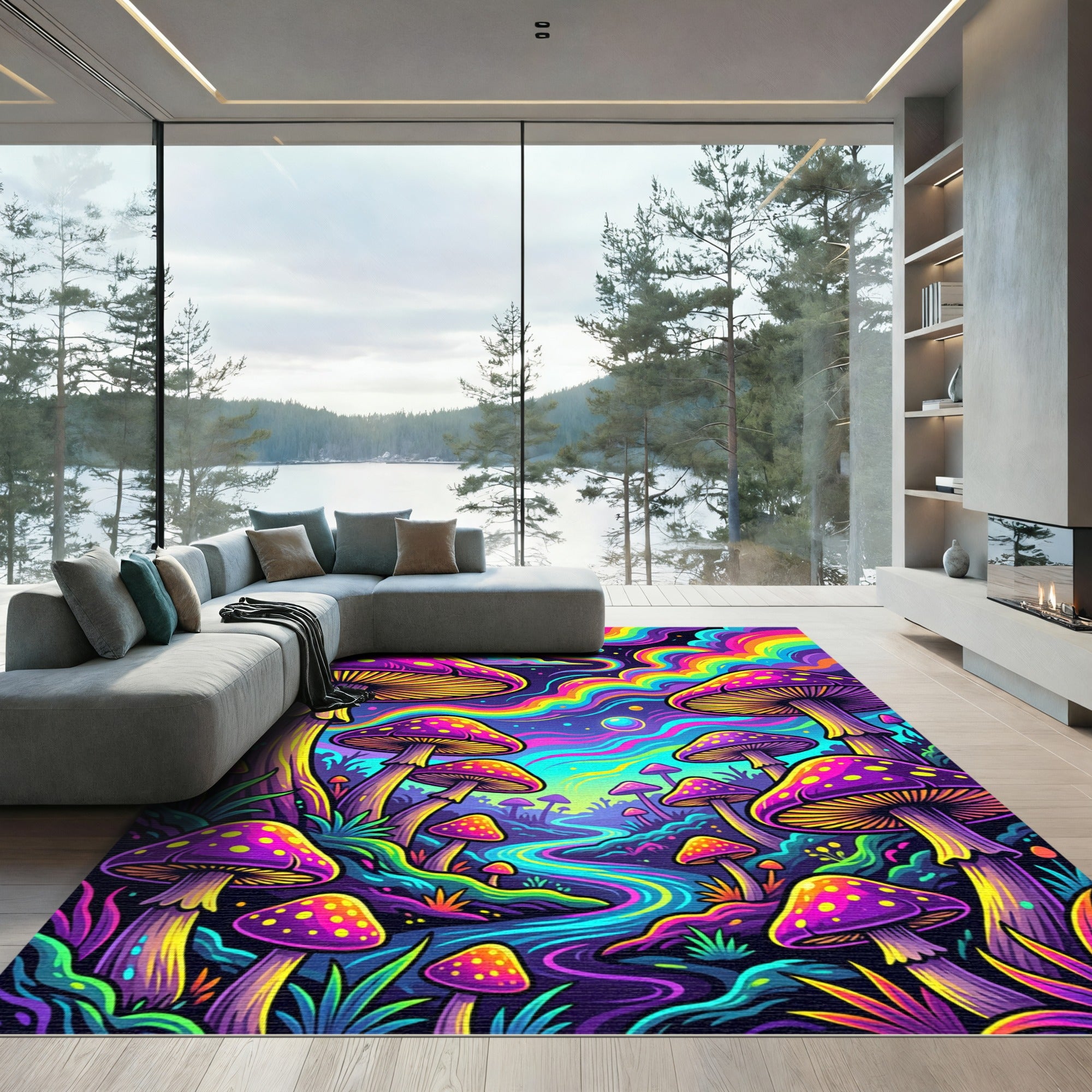 Vibrant Neon Mushroom Fantasy Landscape Rug