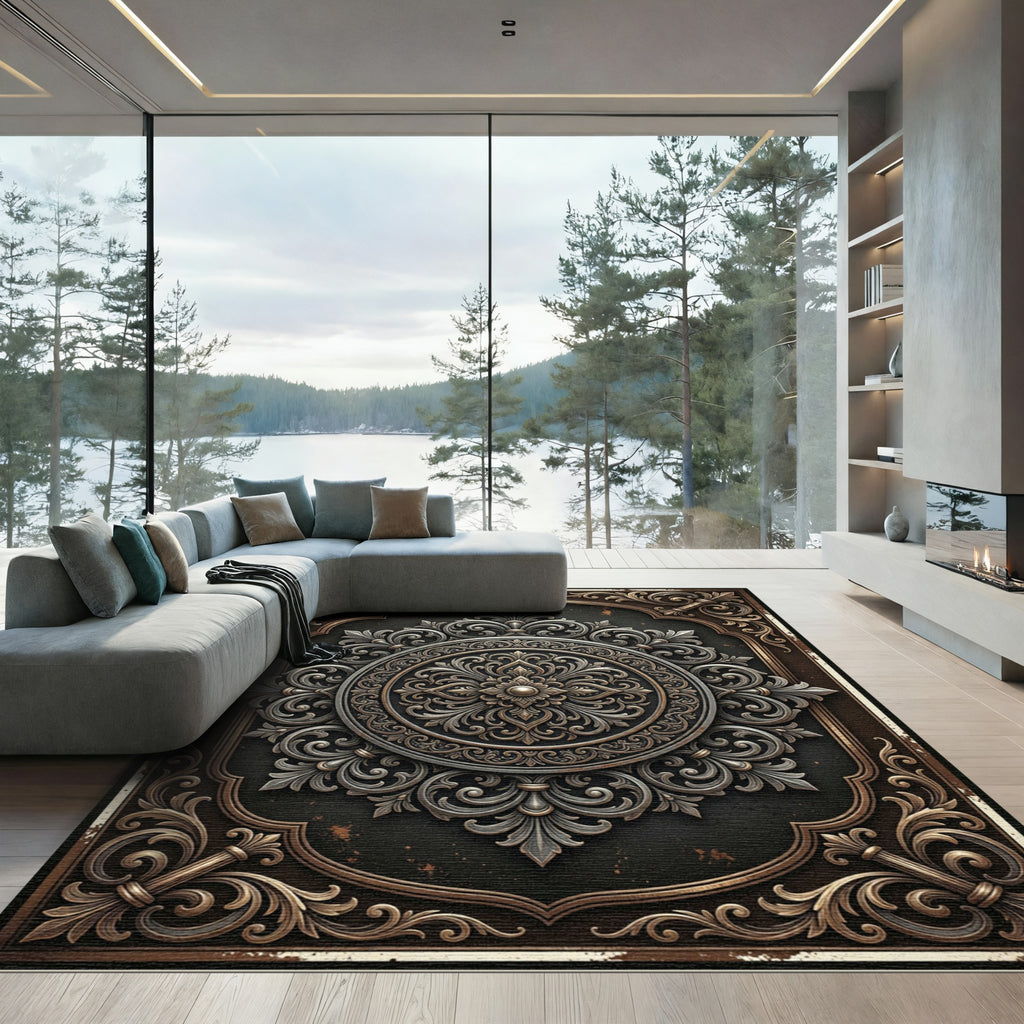 Ornate Bronze Silver Filigree Medallion Rug