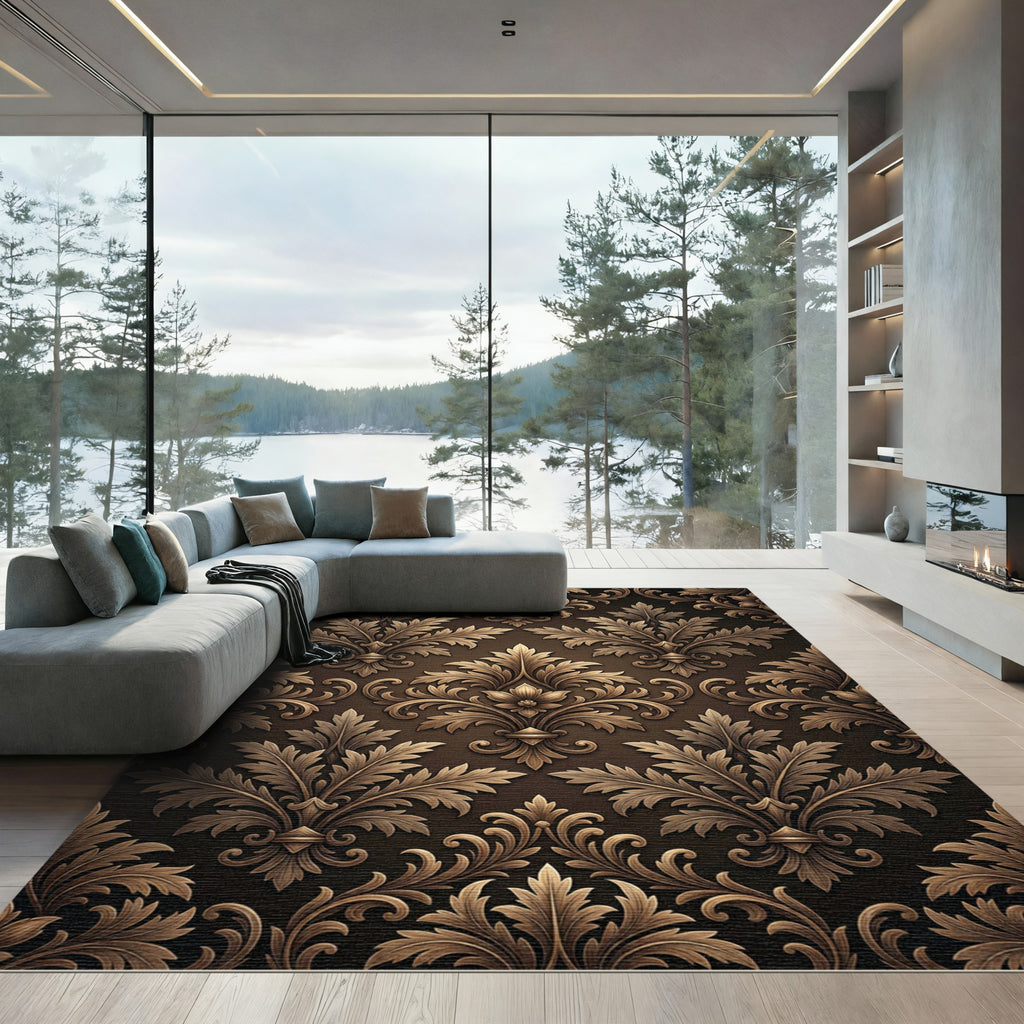 Elegant Bronze Baroque Damask Scroll Rug