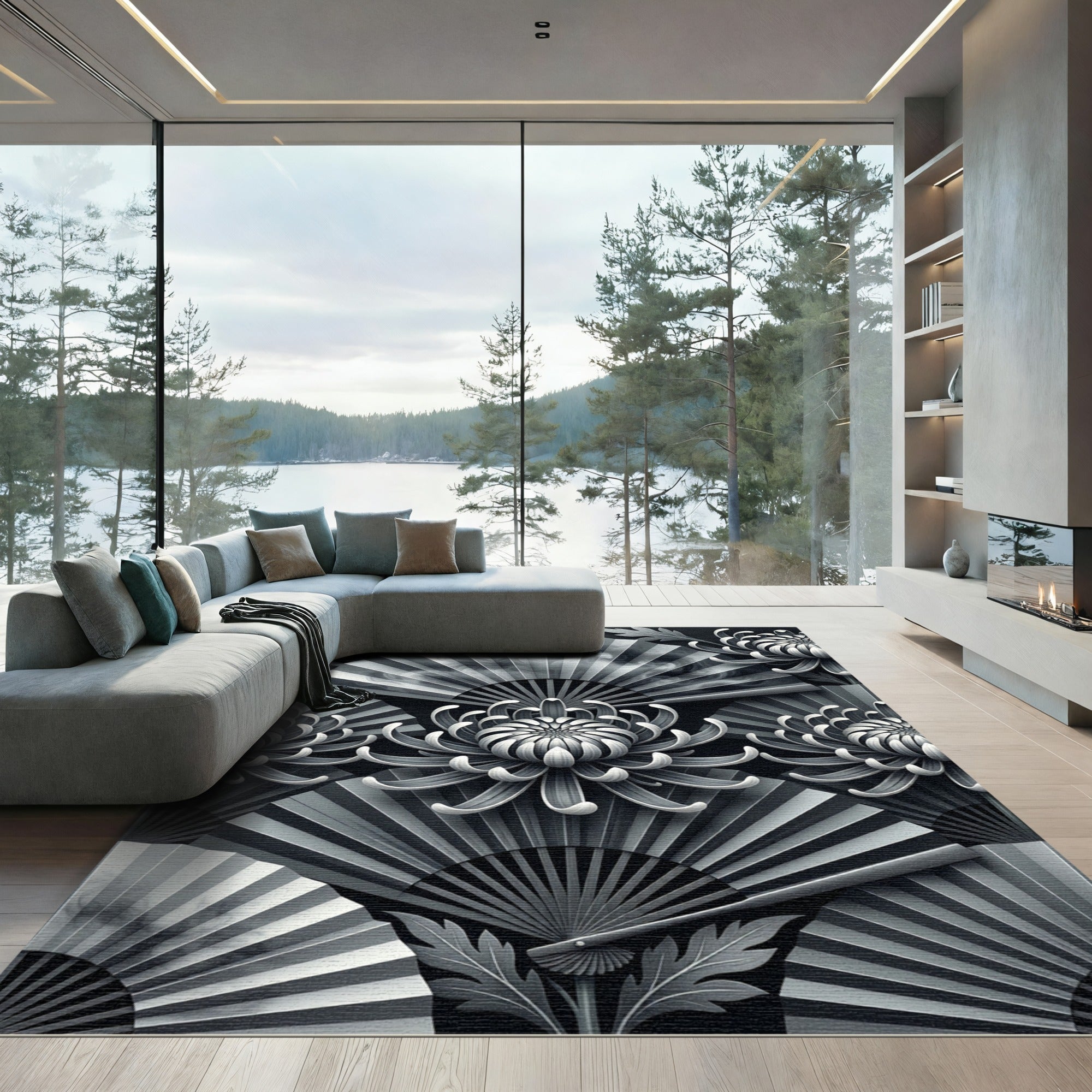 Monochromatic Chrysanthemum Fan Arrangement Rug