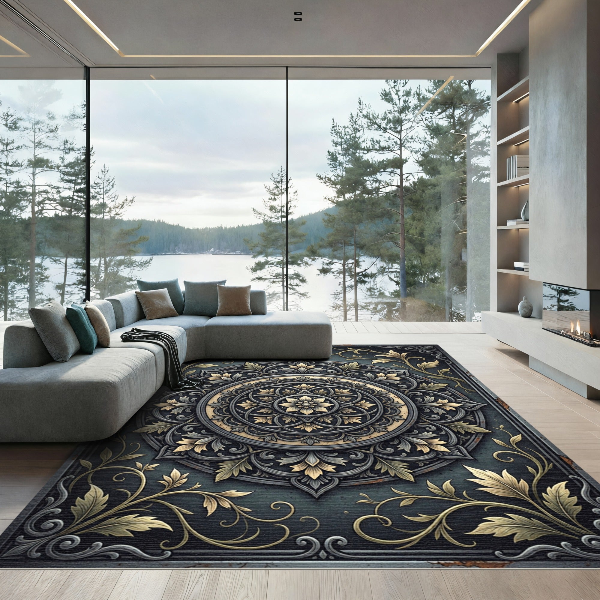 Ornate Golden Floral Medallion Charcoal Rug