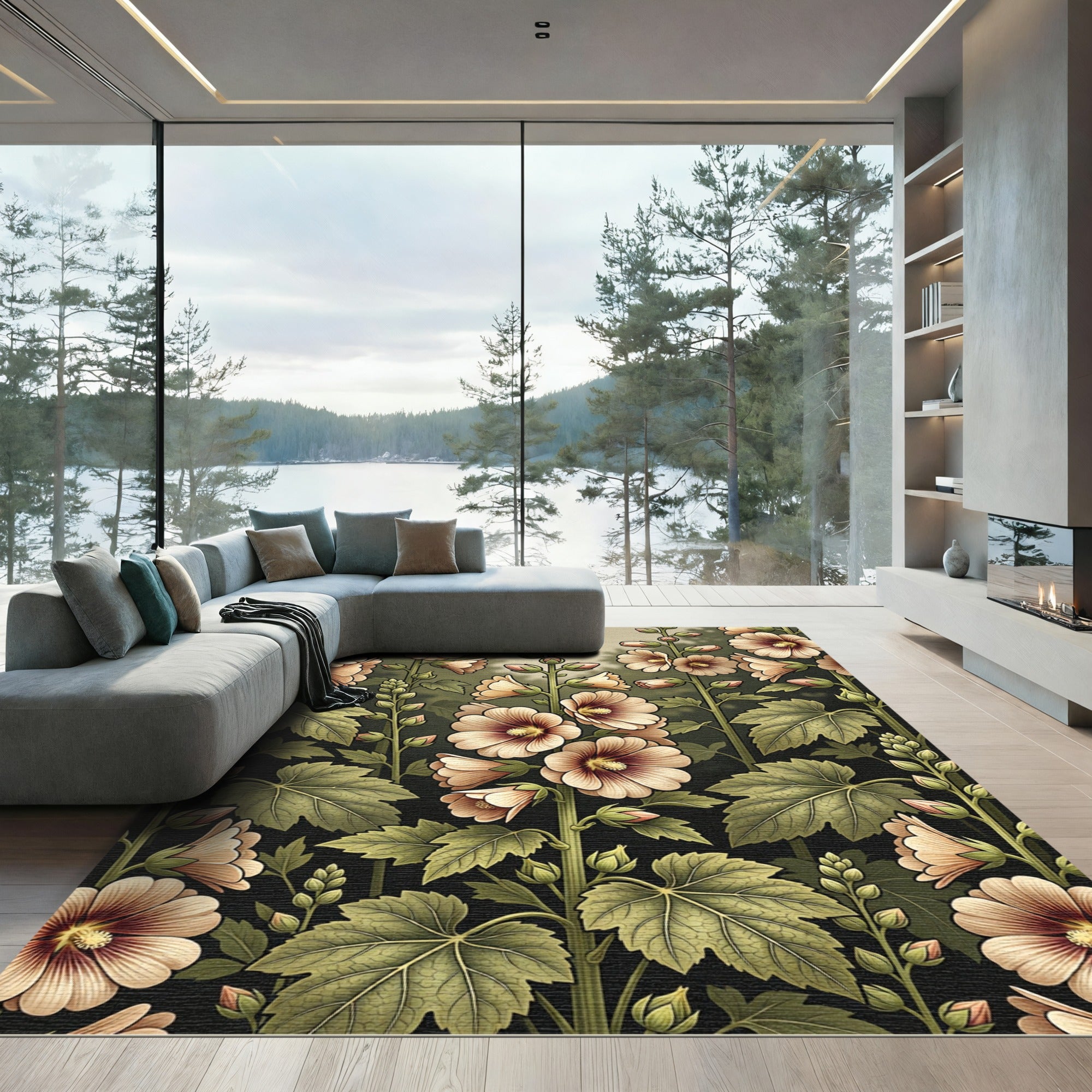 Botanical Cream Hollyhock Floral Arrangement Rug