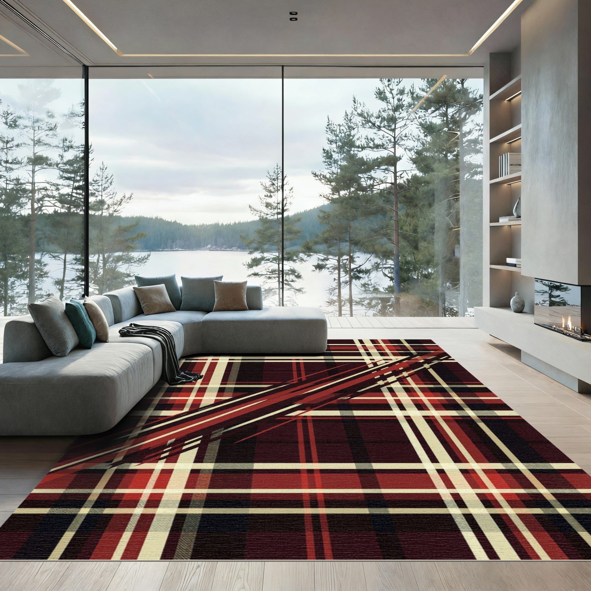 Deep Red and Cream Plaid Streak Rug