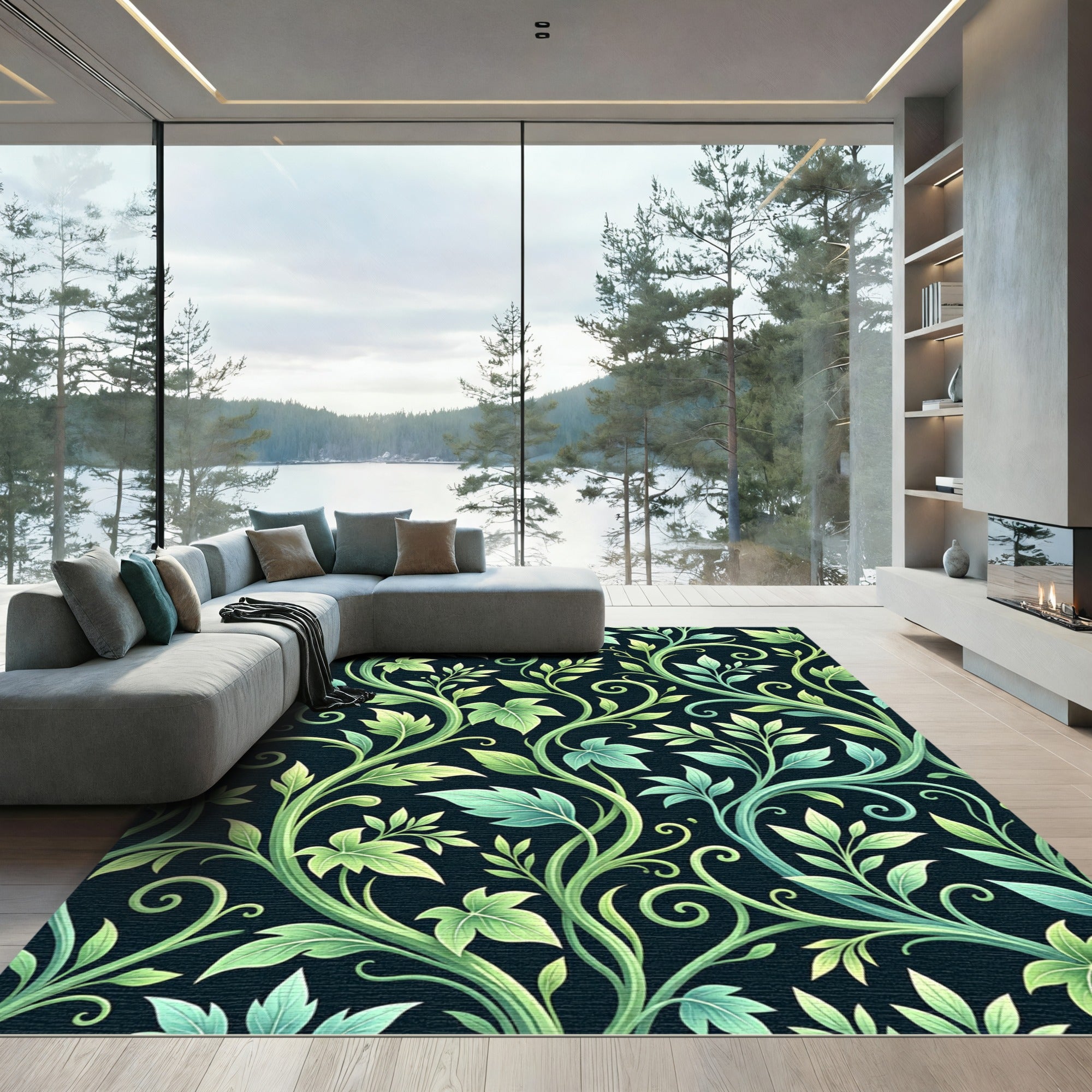 Lush Emerald Ivy Serpentine Vine Art Rug