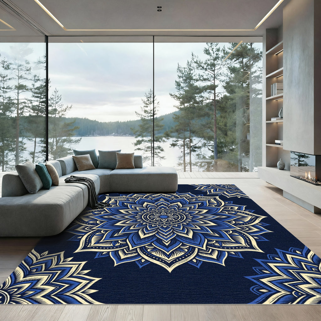 Deep Blue Cream Lotus Mandala Rug